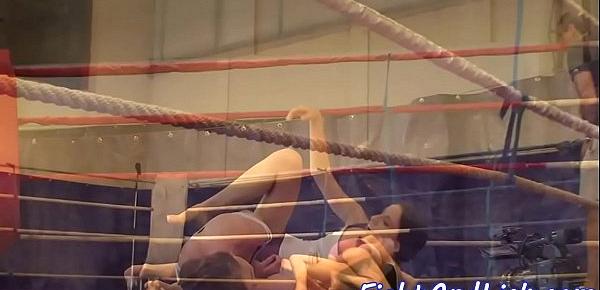  Lesbian teens wrestling in the boxing ring